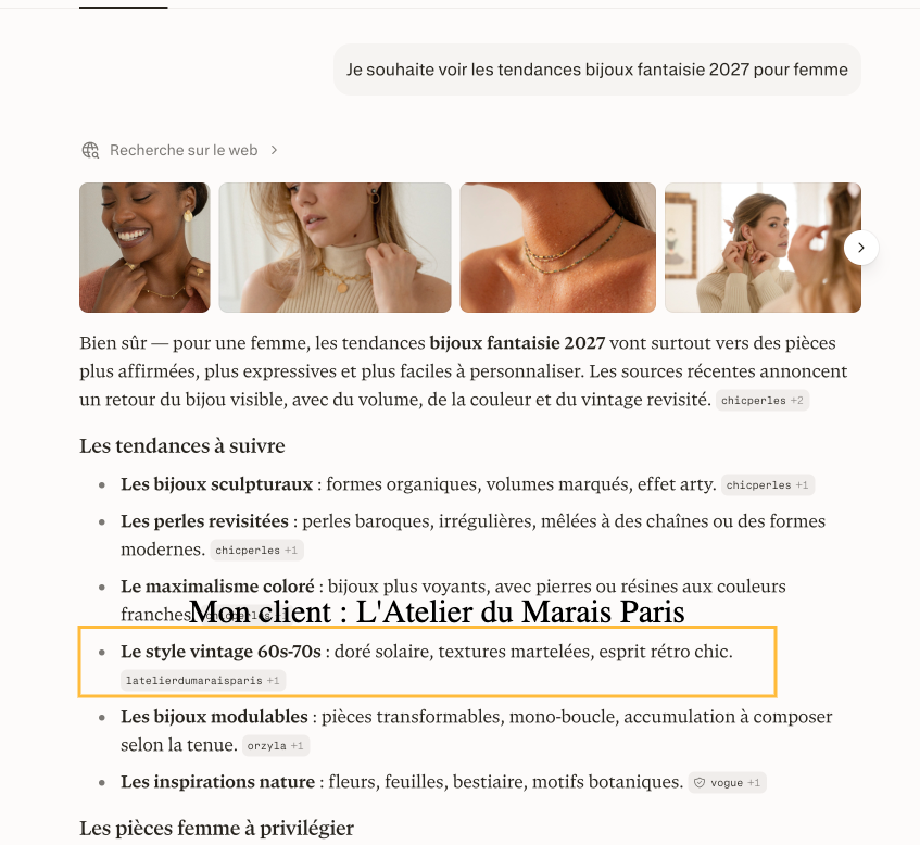 L'Atelier du Marais Paris cité comme source par Perplexity AI sur une requête tendances bijoux fantaisie 2027
